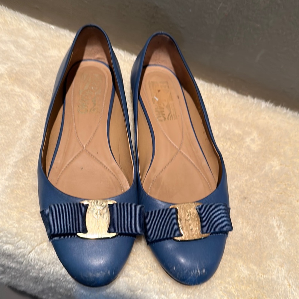 Salvatore Ferragamo Varina Blue Flats with Gold Accents